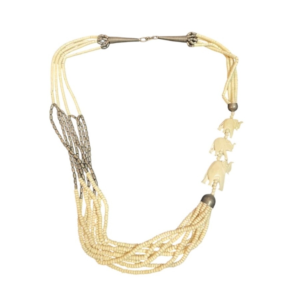 Vintage Multi Strand Beaded Elephant Statement Necklace Cream Silver Tone Boho